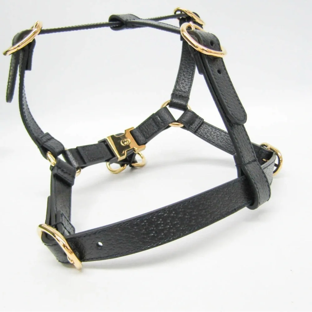 NWB Gucci GG Logo Black Leather Pet - Dog Harness with Gold Buckles Size M